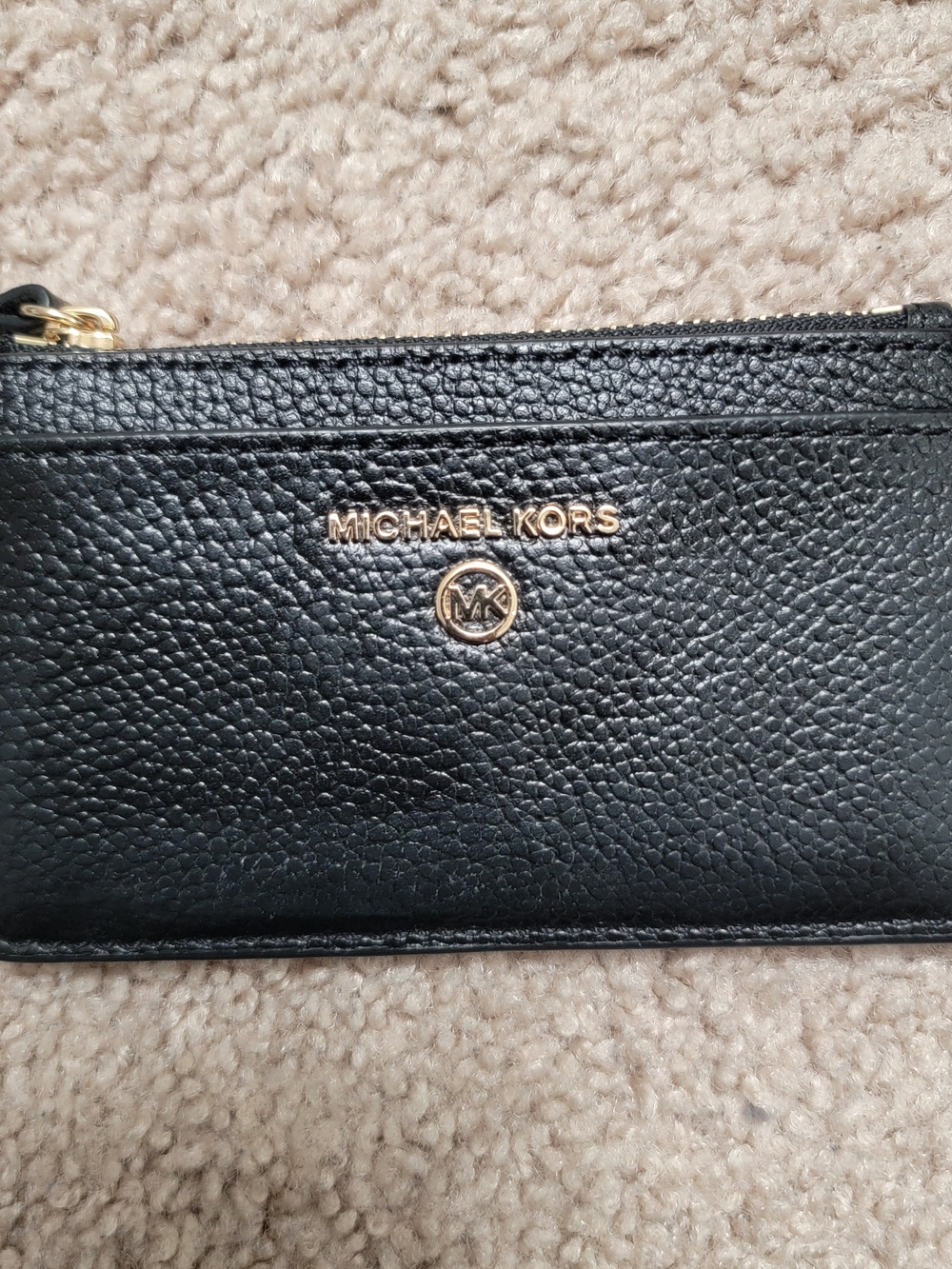 Michael Kors Black Pebbled Leather Card Zip Pouch with Gold Logo